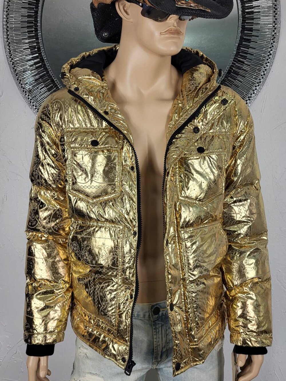 NWT~$225~LEVIS~SZ S~MENS GOLD METALLIC PUFFER BOMBER JACKET HOODED COAT POCKETS - Picture 4 of 16
